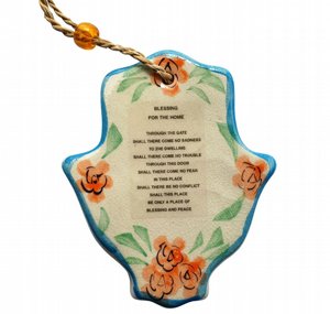 Ceramic Floral Hamsa with Home Blessing Hand-Painted Wall Charm Ceramic Floral Hamsa with Home Blessing Hand-Painted Wall Charm